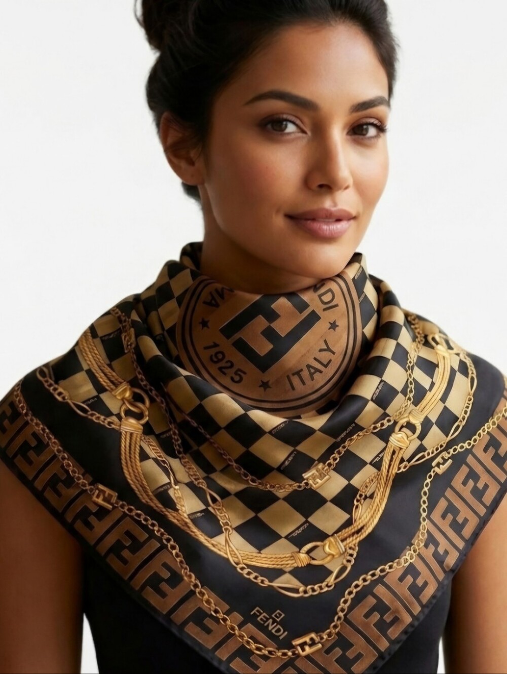 Fendi Roma Brown & Black Checkered FF Zucca Light Cotton Scarf